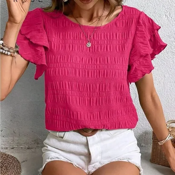Hot Pink Ruffle Sleeve Top Blouse Flirty Feminine Large - Picture 7 of 8